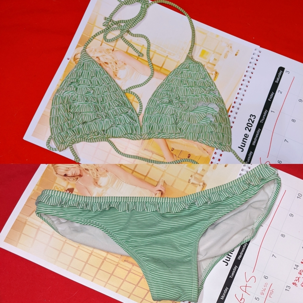Y2K Xhilaration Green White Stripe Ruffle Bikini Swim Bathing Suit Top Bottoms M